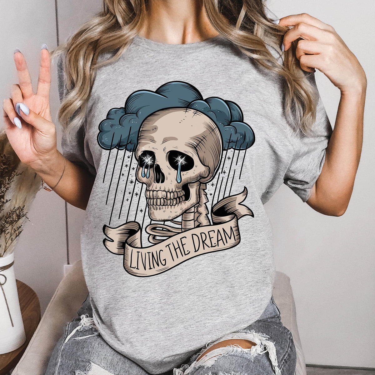 Living The Dream Skull Shirt, Skeleton Graphic Tee, Retro Grunge Garment Dyed Shirt, Boho Hippie Aesthetic Shirt, Skull Shirt, Dream T-Shirt