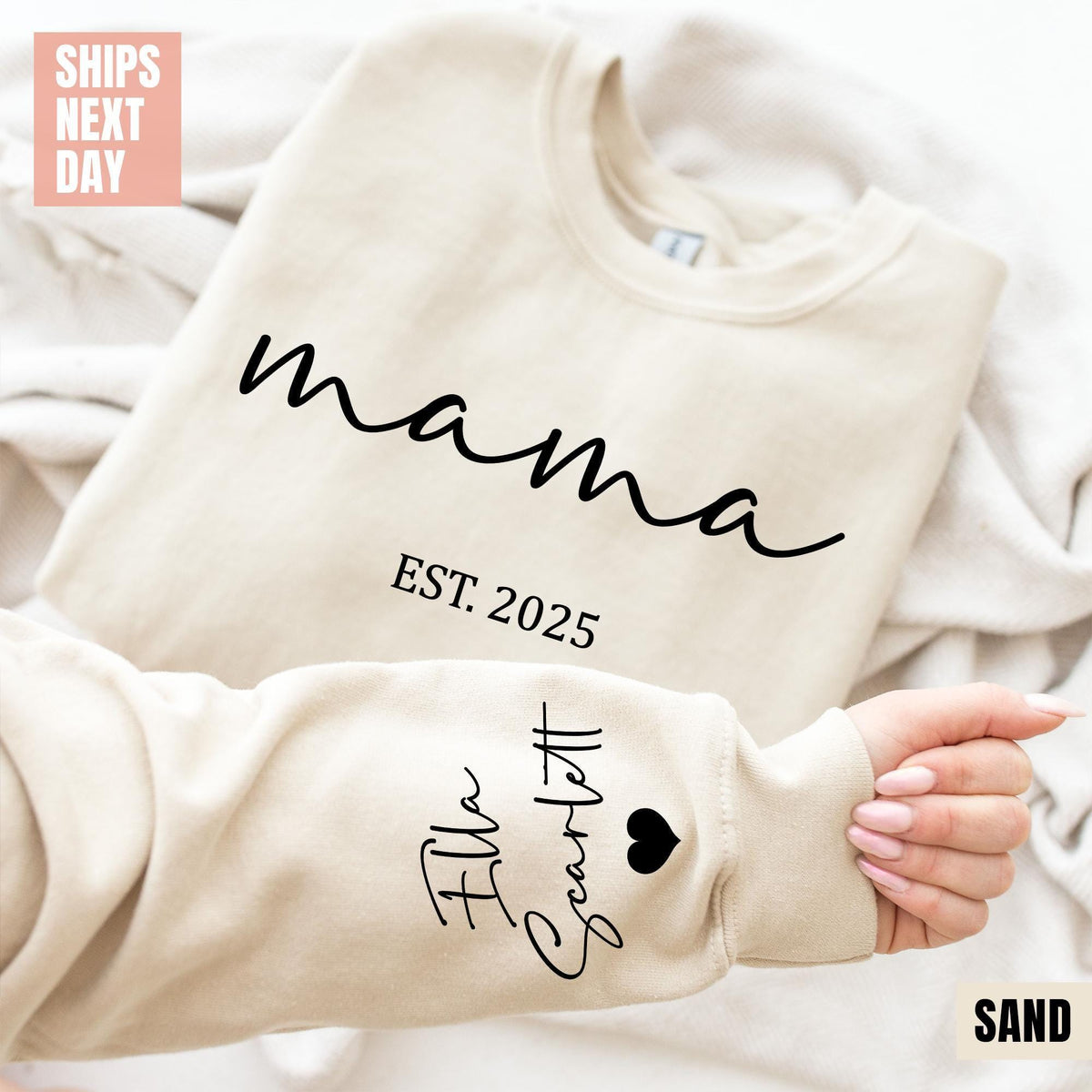 Personalized Mama Sweatshirt With Kids Names Sleeve, Est Date Mom Outfit, Custom Momma Sweaters, Gift For Mother, Names On Sleeve With Heart