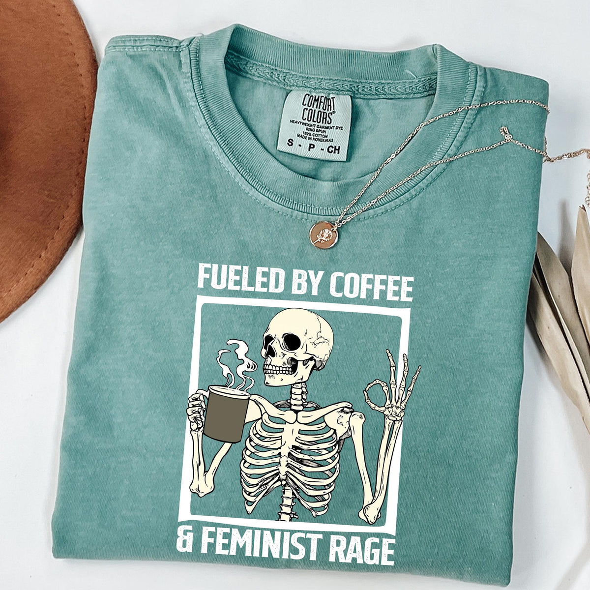 Fueled By Coffee And Feminist Rage Shirt, Feminist Skeleton Shirt, Coffee Lover Tee, Feminist Halloween Shirt, Comfort Colors®, Feminist Tee