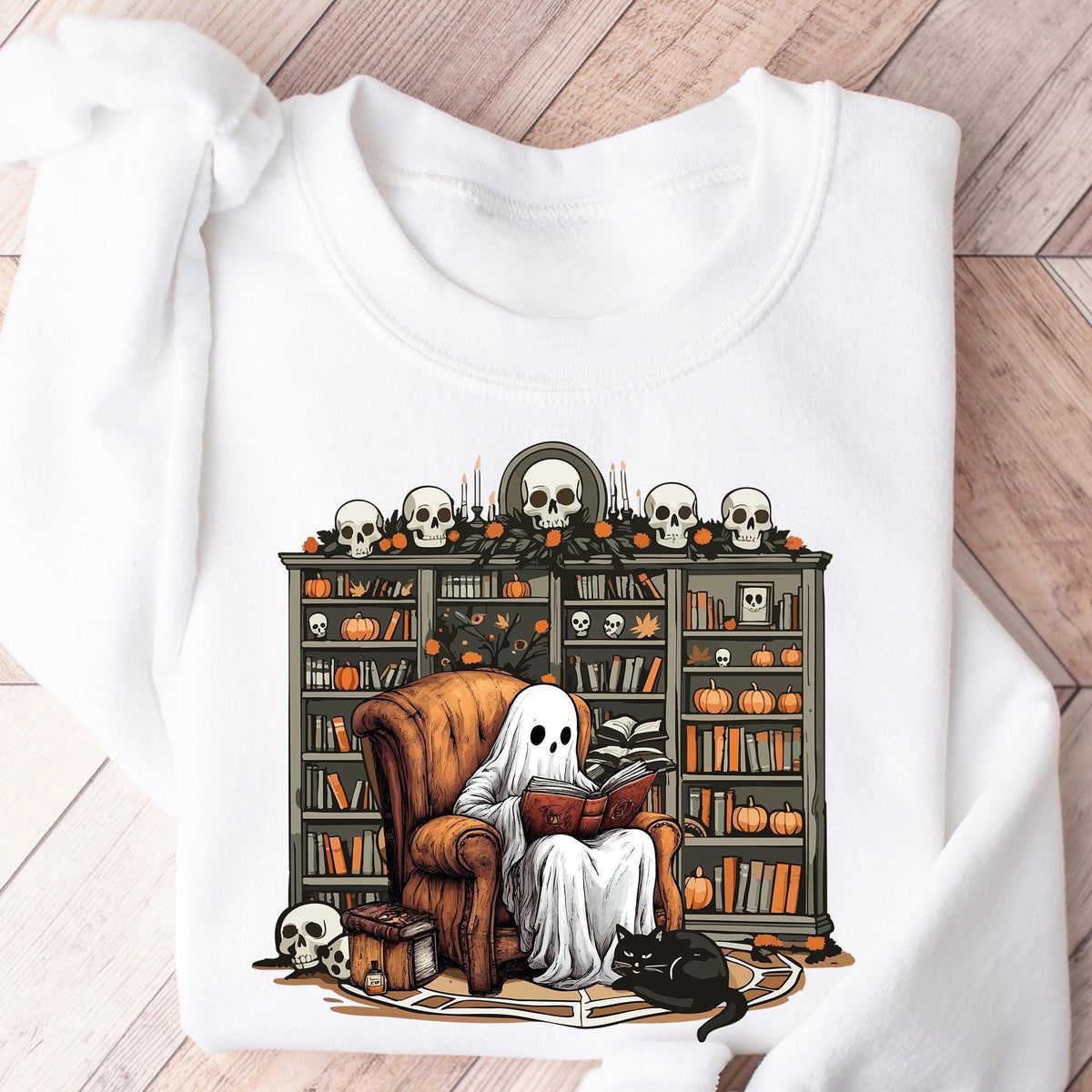 Retro Ghost Reading Books Sweatshirt, Librarian Ghost Halloween, Halloween Teacher Sweatshirts, Halloween T-shirt, Boo School, Teacher Gifts