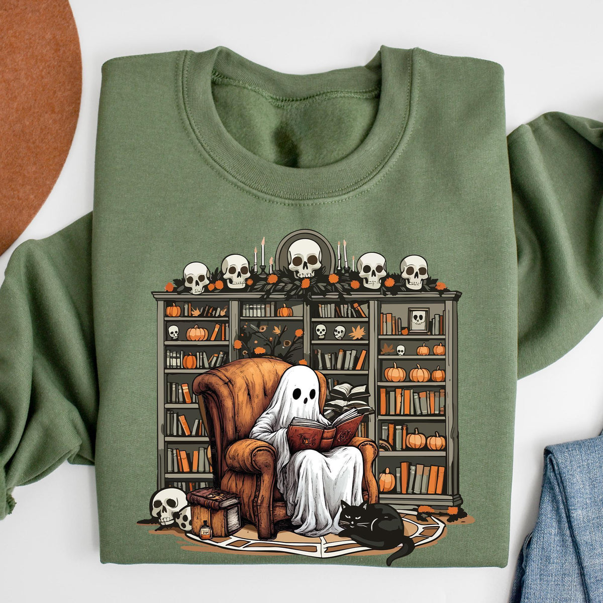 Retro Ghost Reading Books Sweatshirt, Librarian Ghost Halloween, Halloween Teacher Sweatshirts, Halloween T-shirt, Boo School, Teacher Gifts