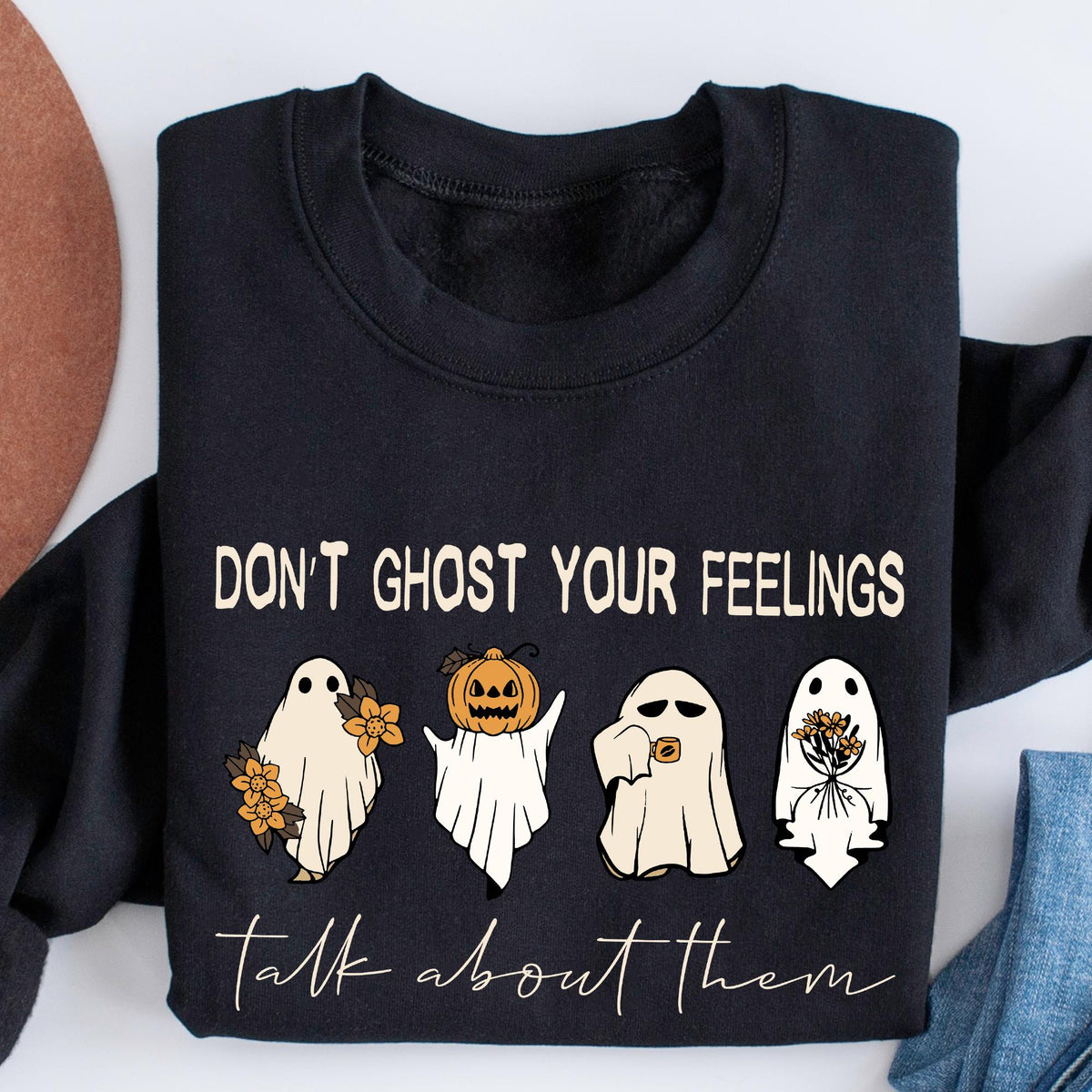 Retro Funny Don't Ghost Your Feelings, Mental Health Awareness, Mental Health, Halloween Graphic T-Shirt for Women, School Counselor T-shirt