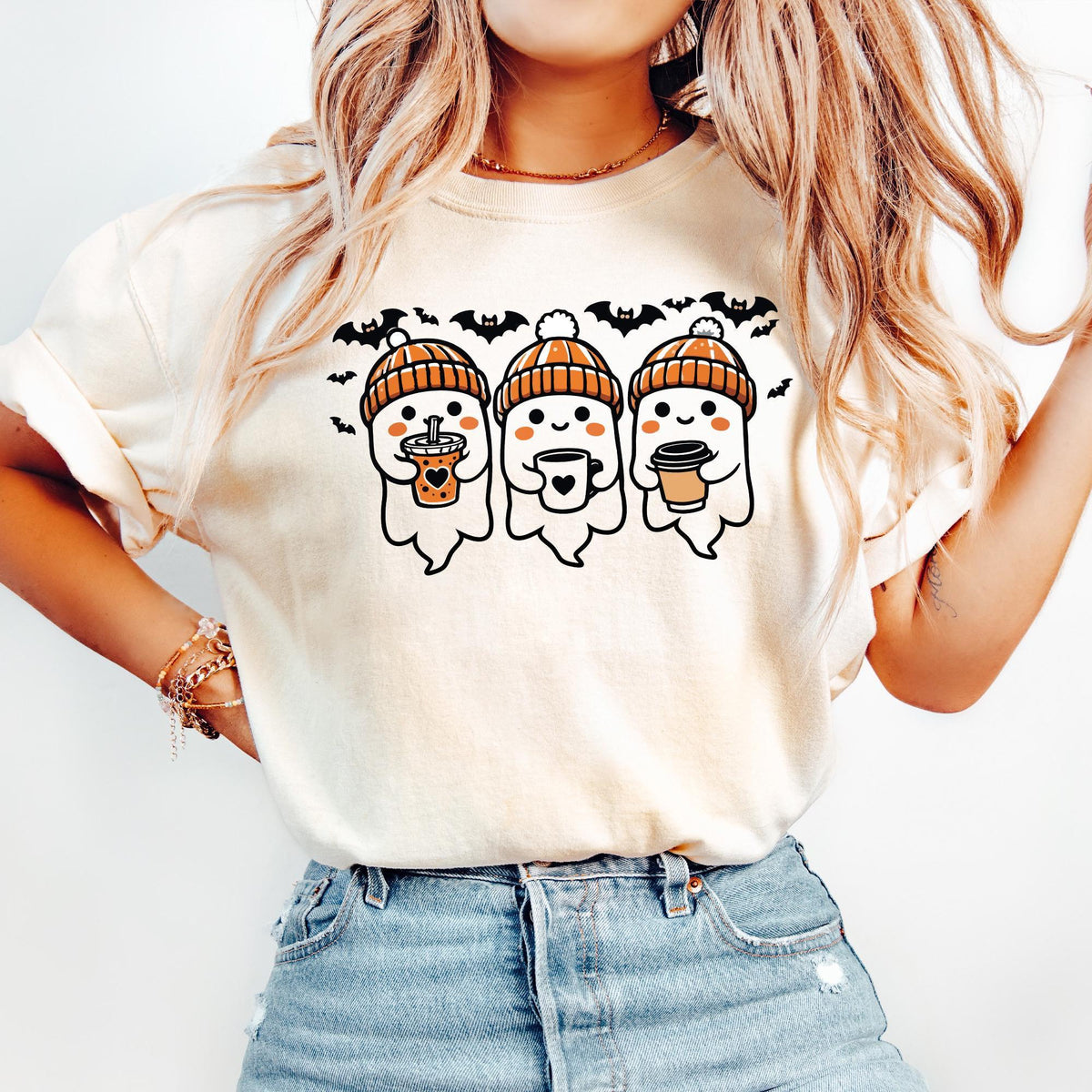 Cute Ghosts Halloween Girly Sweatshirt, Cute Ghosts With Coffee Halloween Sweater, Trendy Halloween Gifts, Boojee Girl Halloween Sweatshirts