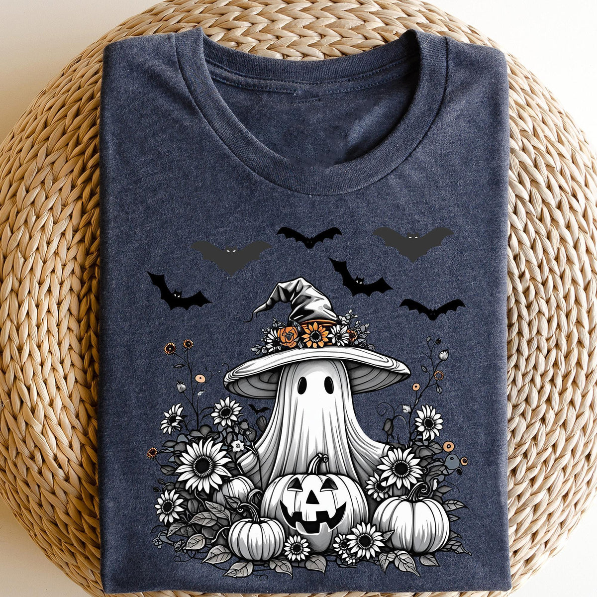 Halloween Shirt, Ghost With Flowers Pumpkin And Bats, Floral Spooky, Halloween Cute Ghost With Pumpkin, Spooky Ghost, Halloween Women's Tees
