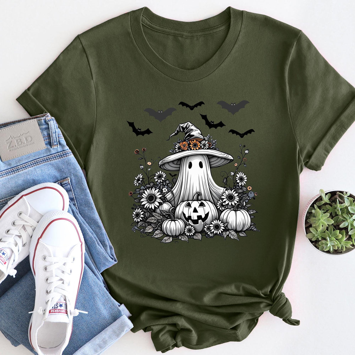 Halloween Shirt, Ghost With Flowers Pumpkin And Bats, Floral Spooky, Halloween Cute Ghost With Pumpkin, Spooky Ghost, Halloween Women's Tees