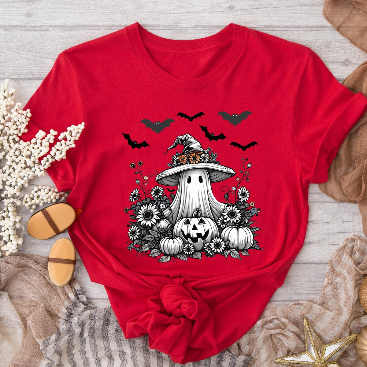 Halloween Shirt, Ghost With Flowers Pumpkin And Bats, Floral Spooky, Halloween Cute Ghost With Pumpkin, Spooky Ghost, Halloween Women's Tees