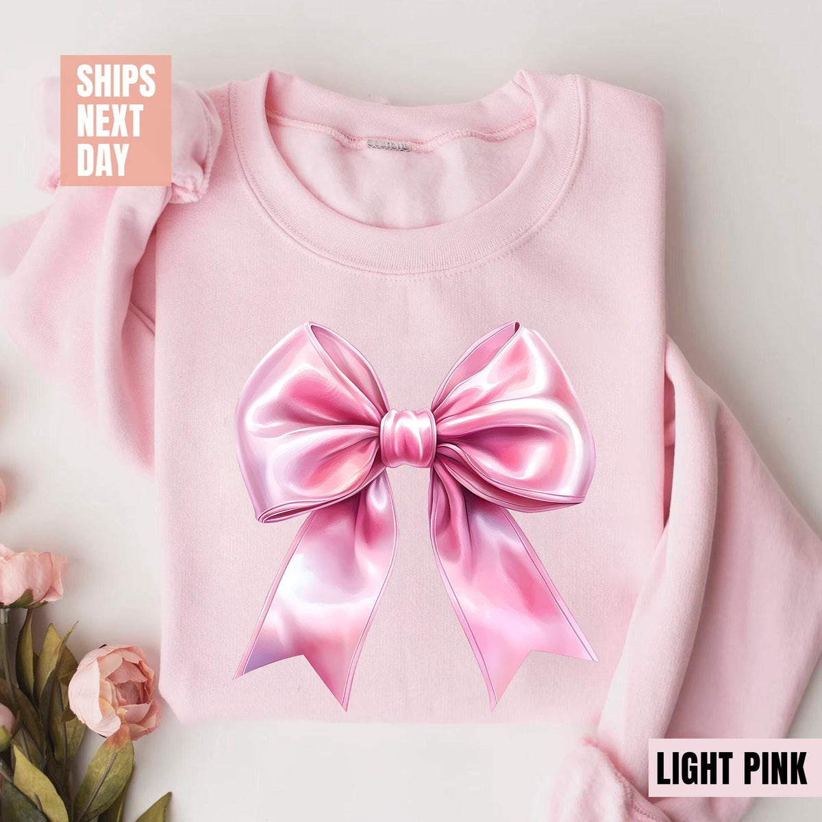 Pink Bow Sweatshirt, Coquette Girl Sweatshirt, Feminine Floral Bow Crewneck, Pink Ribbon Soft Girl Girly Aesthetic, Xmas Shirt, Coquette Tee