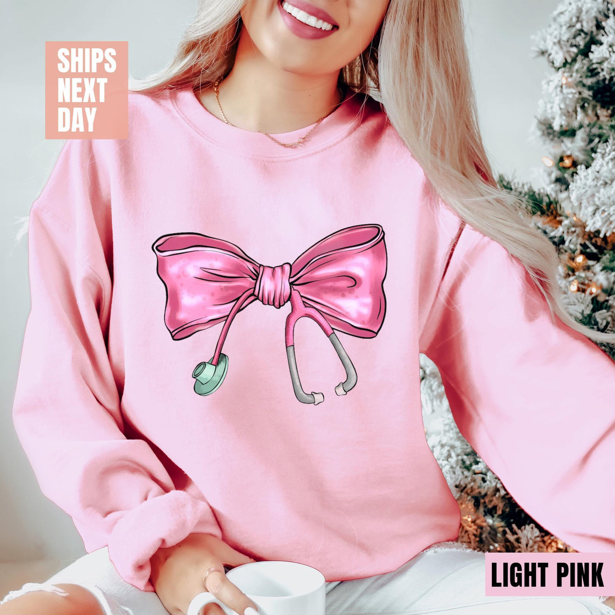 Coquette Nurse Stethoscope Bow Sweatshirt, Gift for Nurse, Bow Oversized Shirt, Nurse Appreciation, Christmas Gift for Nurse, Pink Bow Shirt