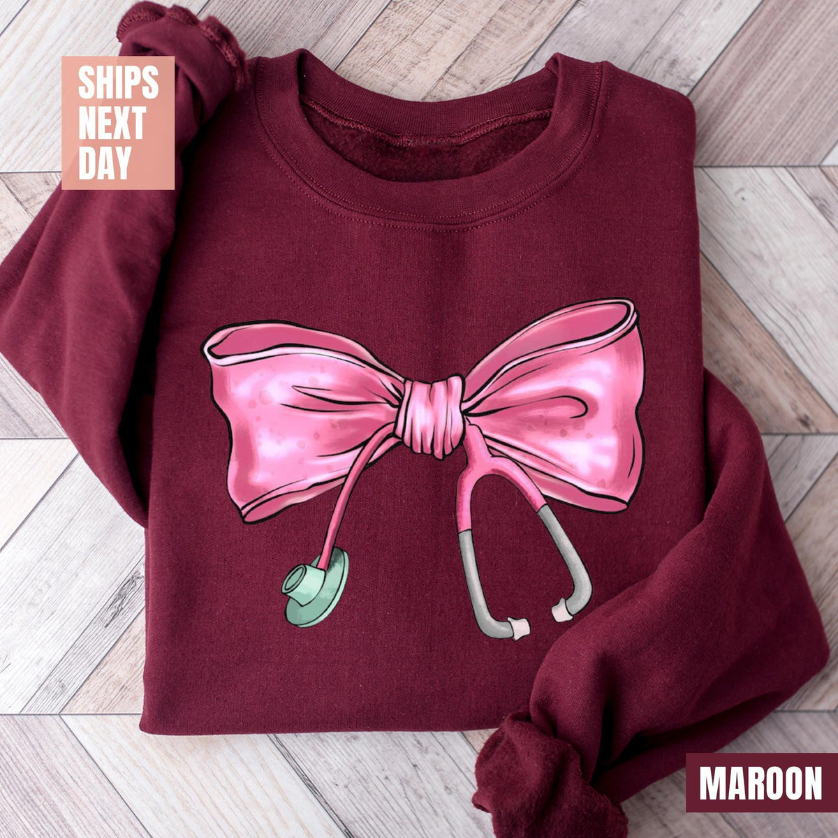 Coquette Nurse Stethoscope Bow Sweatshirt, Gift for Nurse, Bow Oversized Shirt, Nurse Appreciation, Christmas Gift for Nurse, Pink Bow Shirt