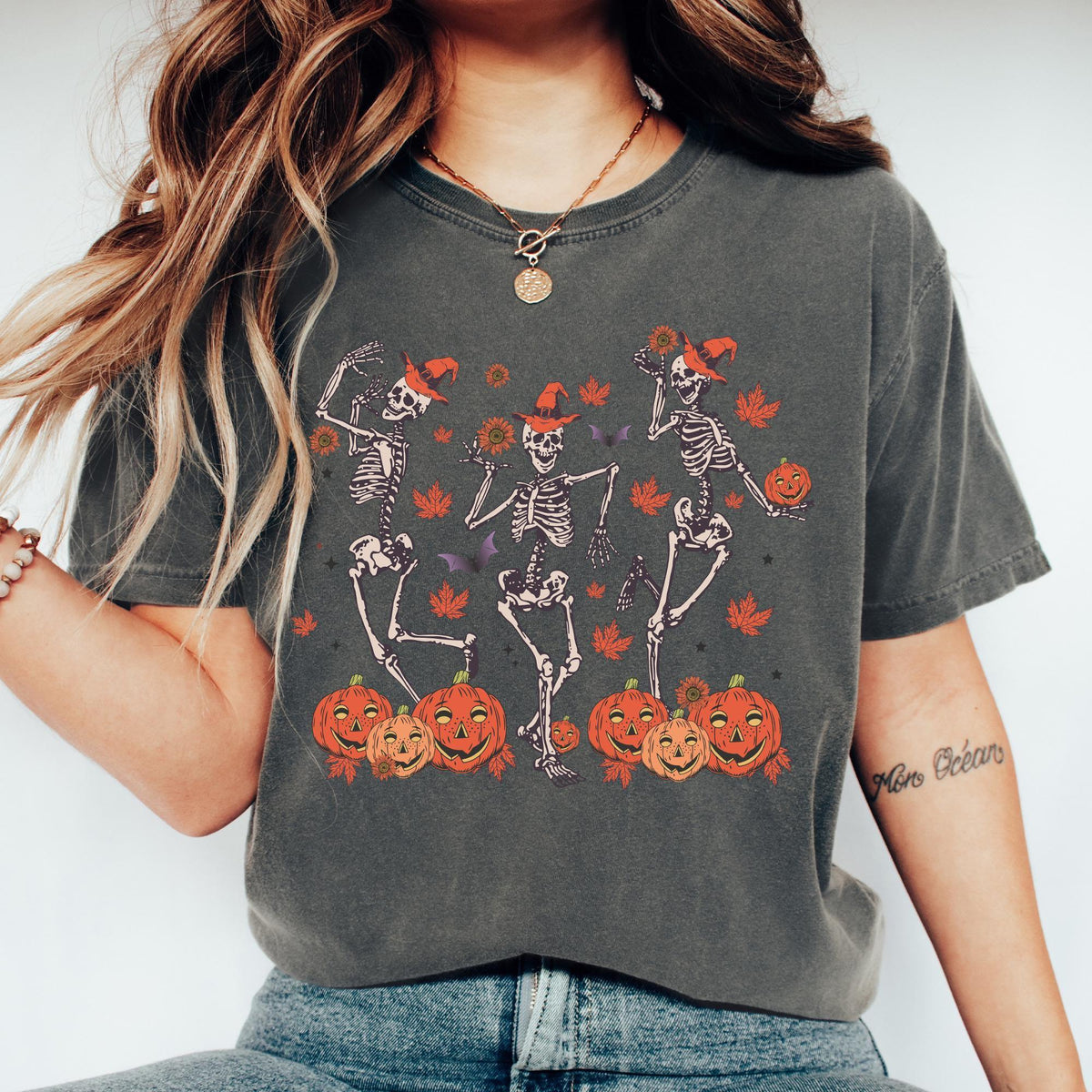 Retro Halloween Shirt, Comfort Colors® Halloween shirt, Dancing Skeleton Halloween T-shirt, Pumpkin Black Cat Shirt, Spooky Season Fall Tees