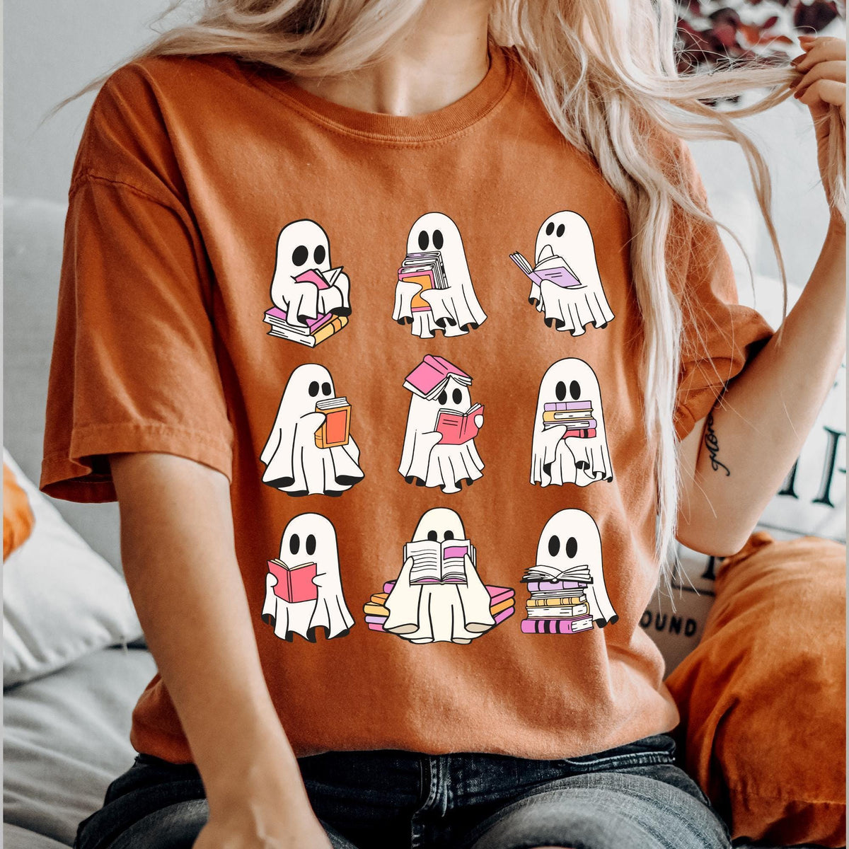 Comfort Colors® Ghost Reading Books Shirt, Bookish Halloween Shirt, Teacher Librarian Halloween Gift, Halloween School, Halloween Book Lover