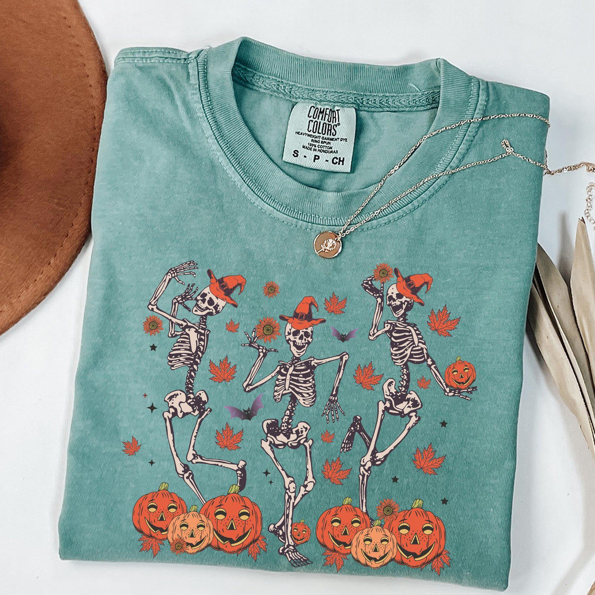 Retro Halloween Shirt, Comfort Colors® Halloween shirt, Dancing Skeleton Halloween T-shirt, Pumpkin Black Cat Shirt, Spooky Season Fall Tees