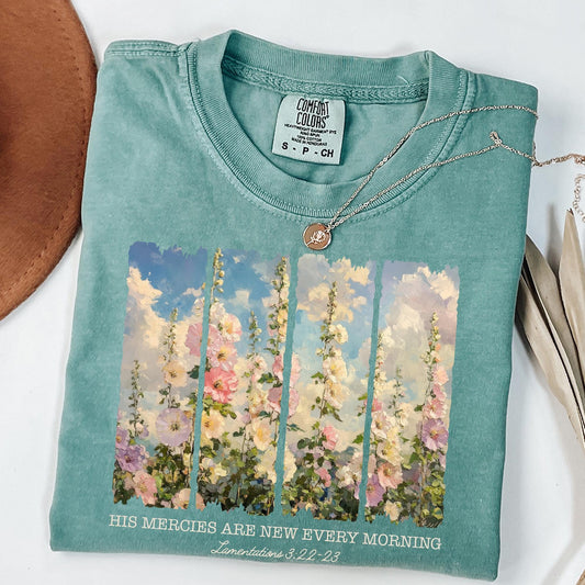 Comfort Colors Christian Shirt For Woman, His Mercies Are New Every Morning T-Shirt, Cozy Bible Verse Tee, Retro Flower Faith Based Clothing