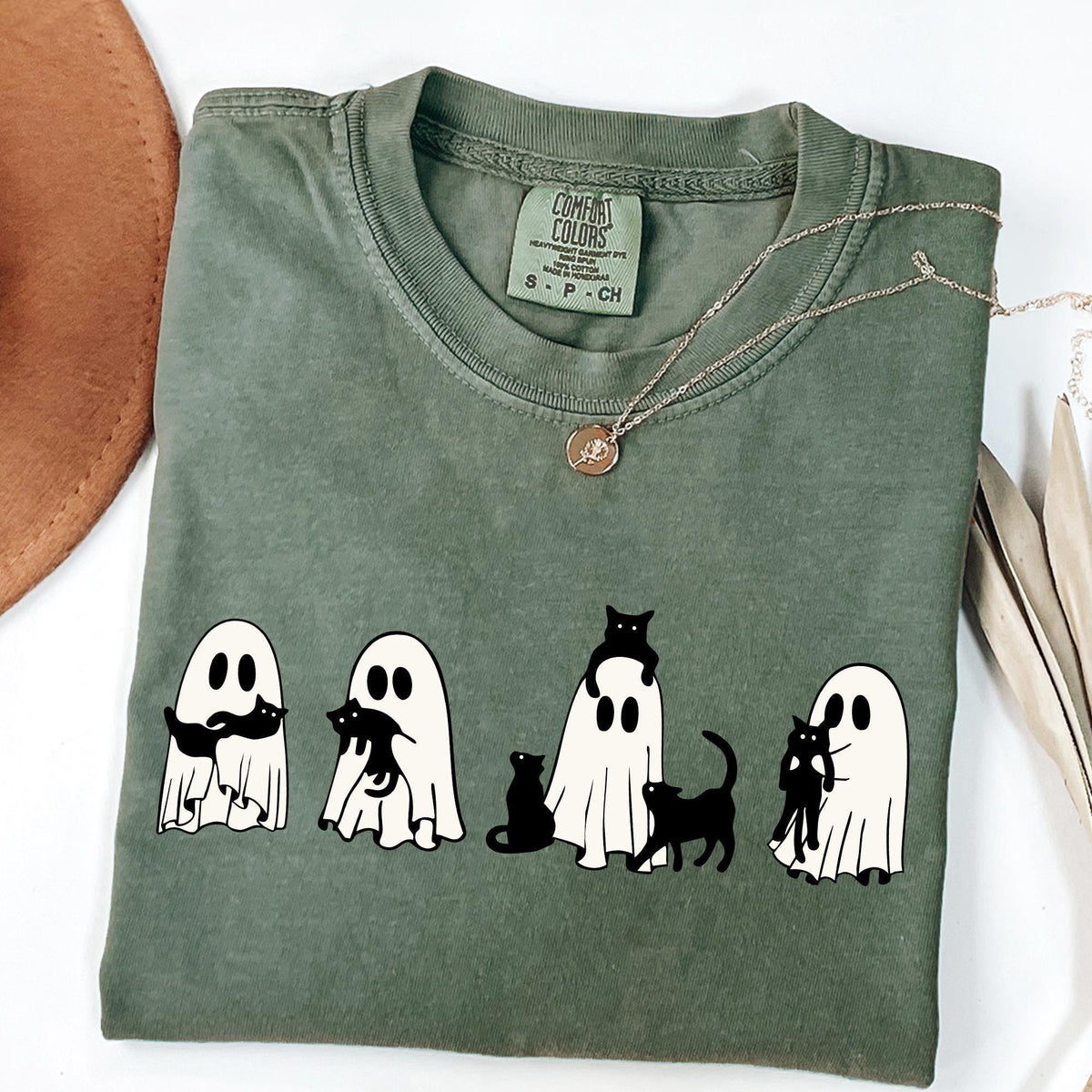 Halloween Black Cat & Ghost Comfort Colors® Shirt, Halloween Ghost Shirt, Spooky Season Cat Tee, Halloween Gift, Halloween Cute Women Outfit