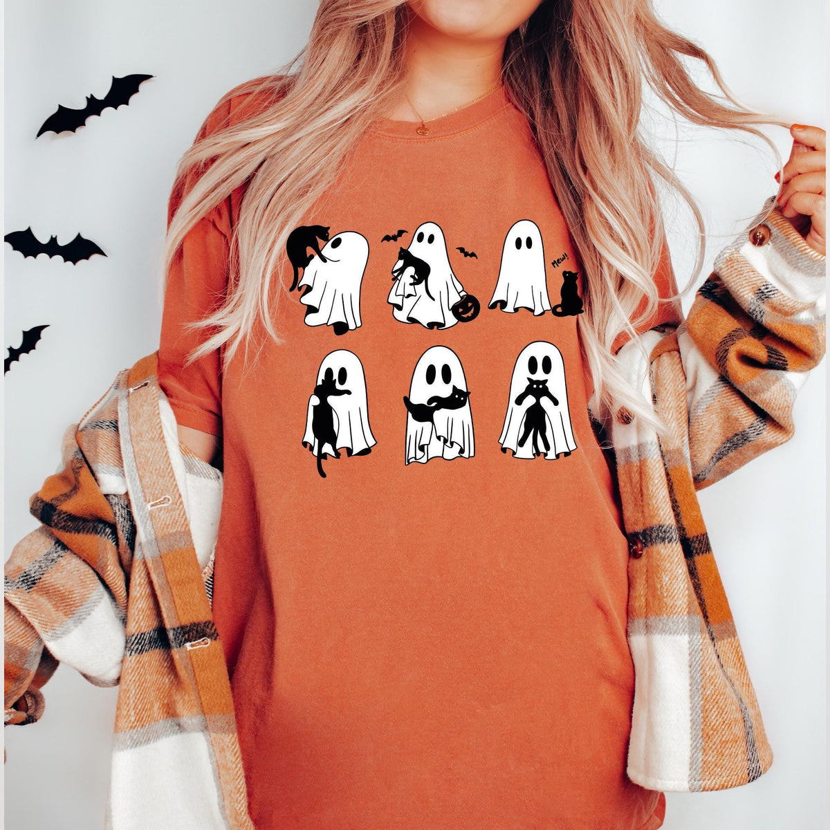 Ghost Cat Shirt, Comfort Colors® Cat Ghost T-Shirt, Cute Cat Lovers Shirt, Retro Ghost Halloween, Spooky Season Gift, Halloween Cat T-shirts