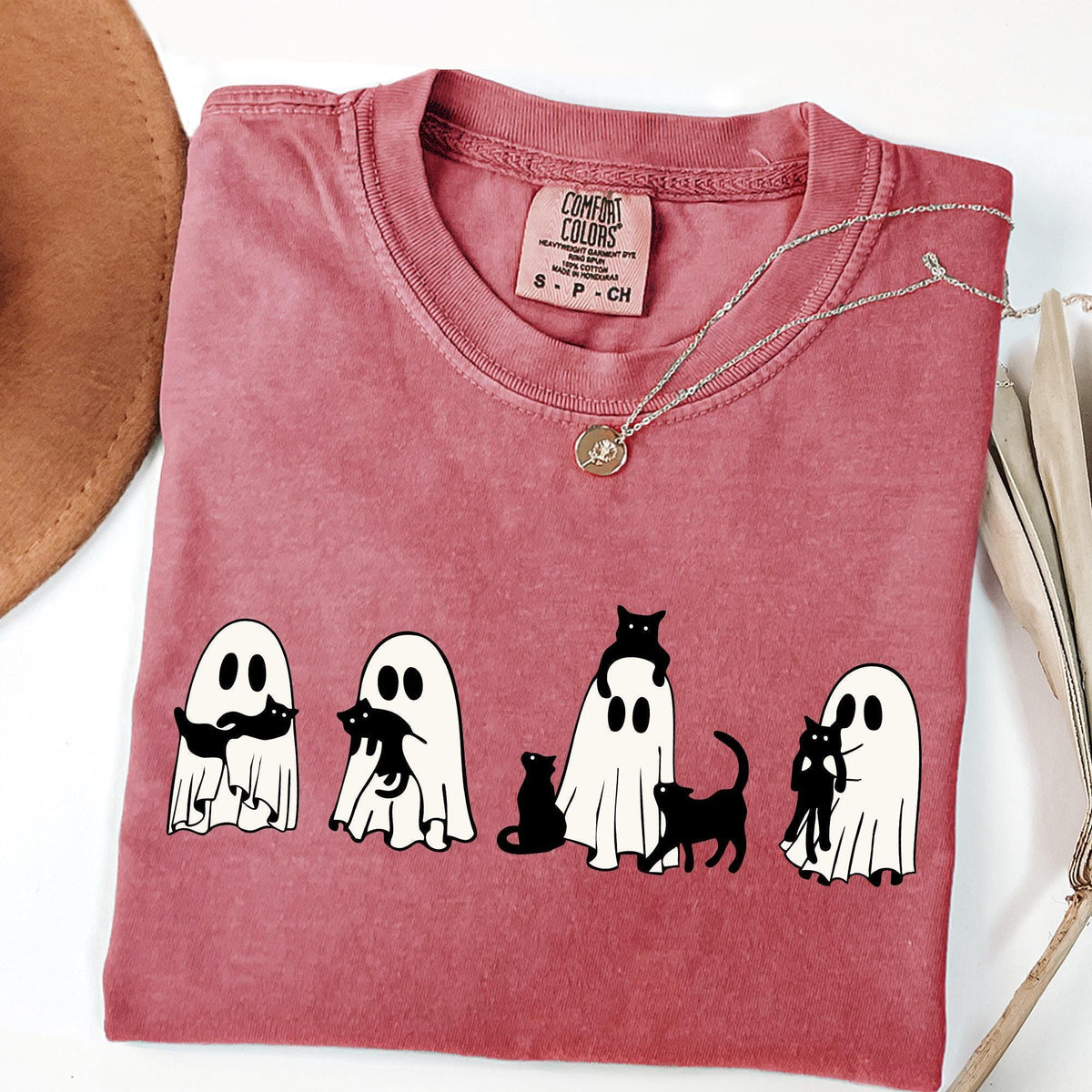 Halloween Black Cat & Ghost Comfort Colors® Shirt, Halloween Ghost Shirt, Spooky Season Cat Tee, Halloween Gift, Halloween Cute Women Outfit