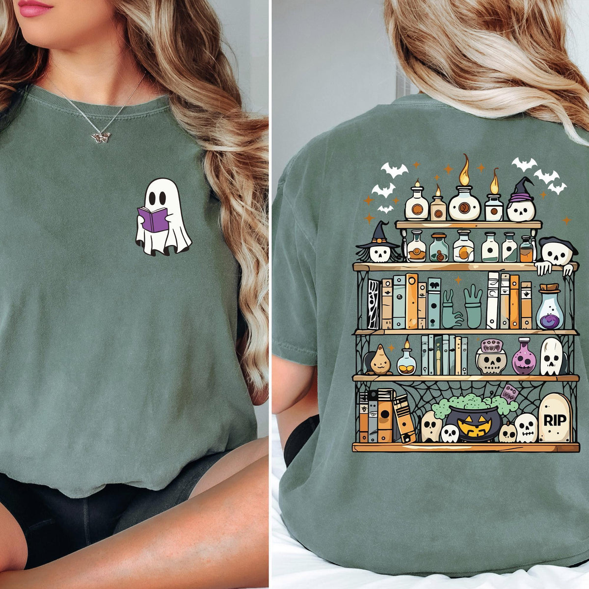 Comfort Colors® Ghost Book Reader Shirt, Halloween Library Shirt, Halloween Reading Tee, Book Lover, Reading Girl Shirts, Skeleton Book Club
