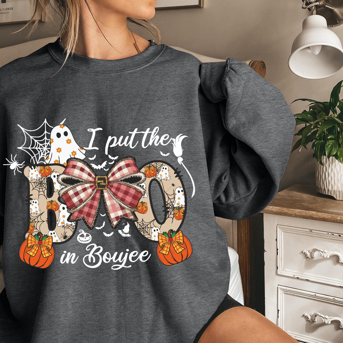 I put the Boo in Boujee Sweatshirt, Boo Jee Ghost Sweaters, Gothic Halloween Tee Shirt Women,  Pumpkin Plaid Bow T-shirts, Spooky Vibes Tees