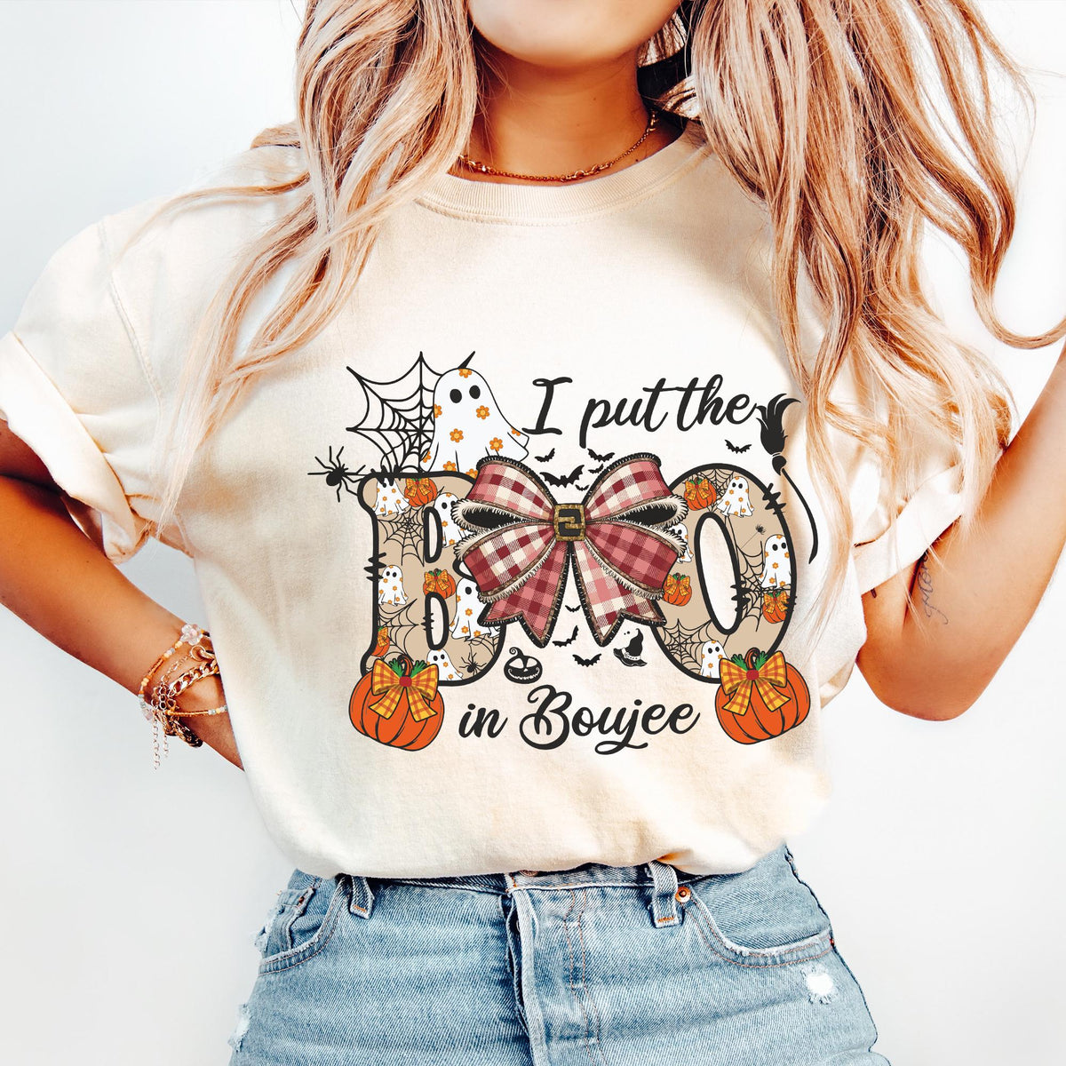 I put the Boo in Boujee Sweatshirt, Boo Jee Ghost Sweaters, Gothic Halloween Tee Shirt Women,  Pumpkin Plaid Bow T-shirts, Spooky Vibes Tees