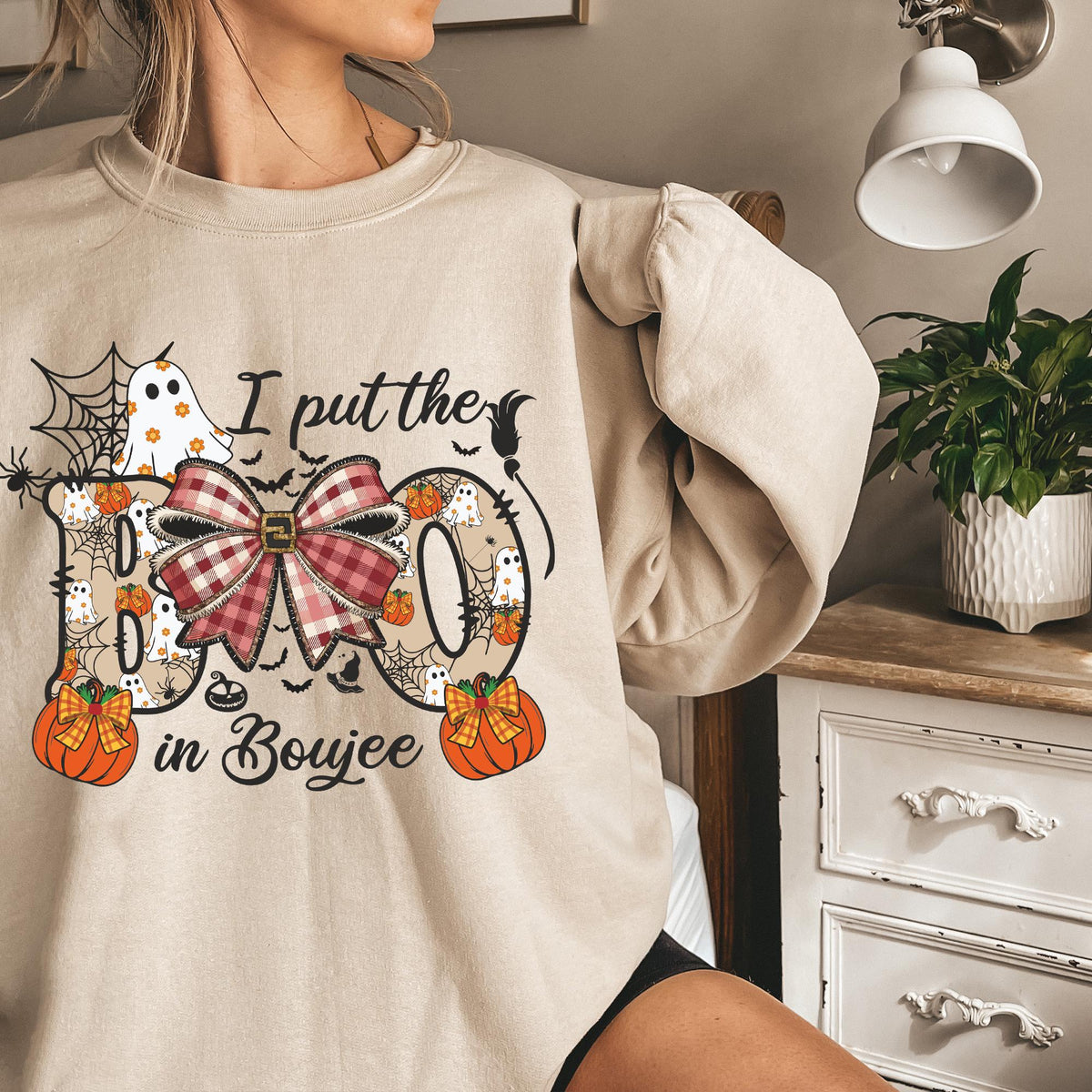 I put the Boo in Boujee Sweatshirt, Boo Jee Ghost Sweaters, Gothic Halloween Tee Shirt Women,  Pumpkin Plaid Bow T-shirts, Spooky Vibes Tees