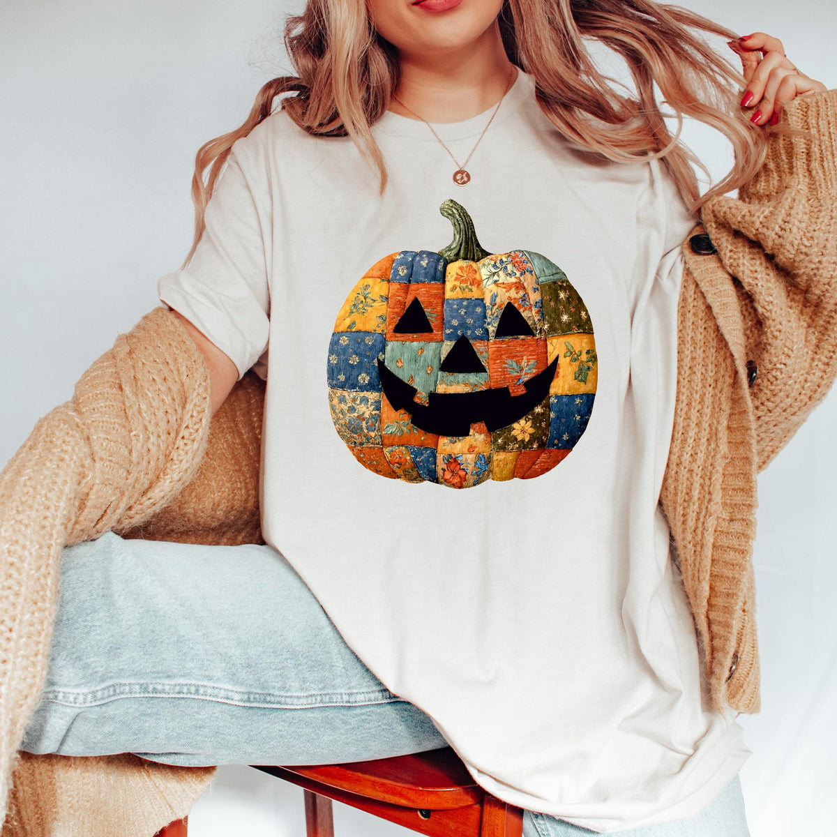 Retro Patchwork Halloween Pumpkin Sweatshirt, Halloween Pumpkin Shirt, Spooky Season Sweatshirt, Halloween Gift, Halloween Cute Women Outfit