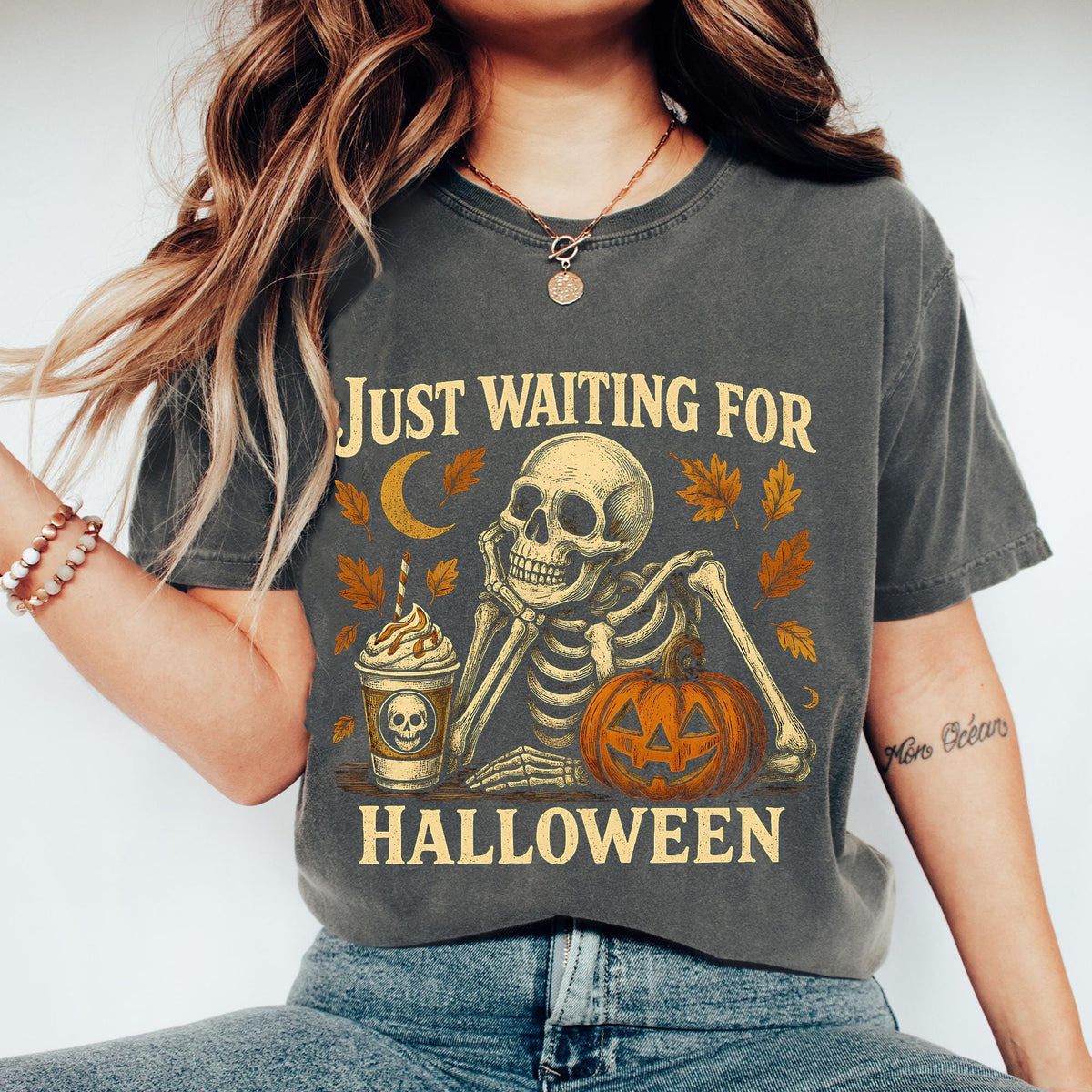 Comfort Colors® Just Waiting for Halloween Shirt, Funny Skeleton Pumpkin Shirt, Retro Halloween T-Shirt for Her, Spooky Fall Graphic T-shirt