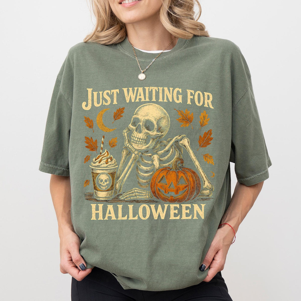 Comfort Colors® Just Waiting for Halloween Shirt, Funny Skeleton Pumpkin Shirt, Retro Halloween T-Shirt for Her, Spooky Fall Graphic T-shirt