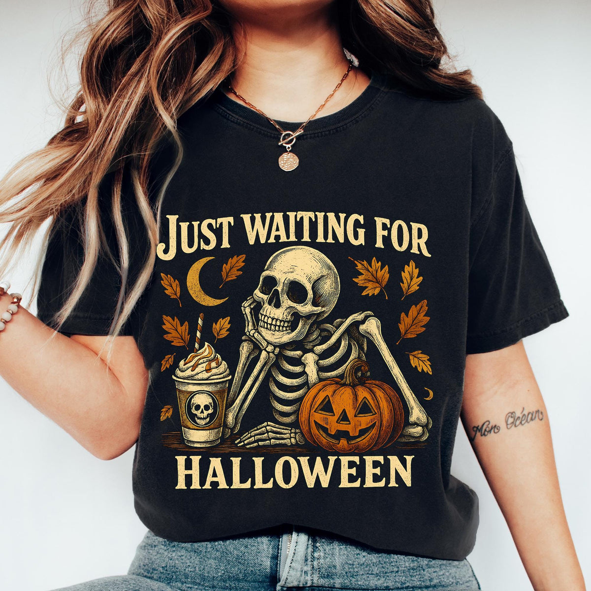Comfort Colors® Just Waiting for Halloween Shirt, Funny Skeleton Pumpkin Shirt, Retro Halloween T-Shirt for Her, Spooky Fall Graphic T-shirt