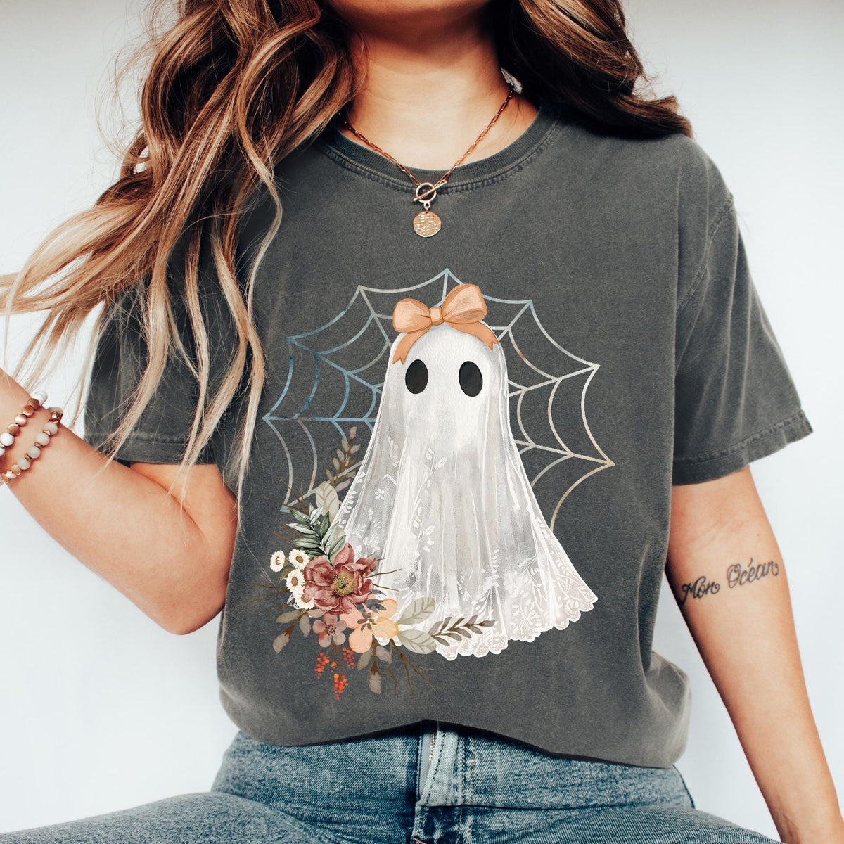 Halloween Lace Ghost T Shirt, Spooky Coquette TShirt, Girly Ghost Orange Bow Tee, Lacey Ghost Tee, Spooky Season Top Outfit, Comfort Colors®