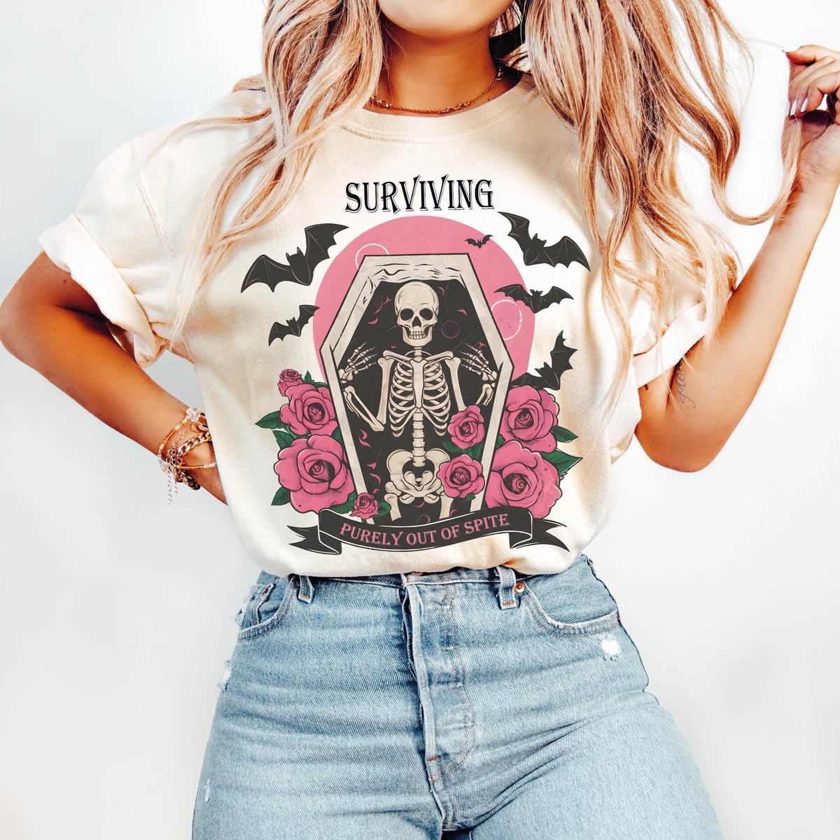 Surviving Purely out of Spite Shirt, Bat Lover Gothic Boho Garment Dyed Shirt, Comfort Colors®, Funny Goth Celestial Skeleton and Bats Shirt