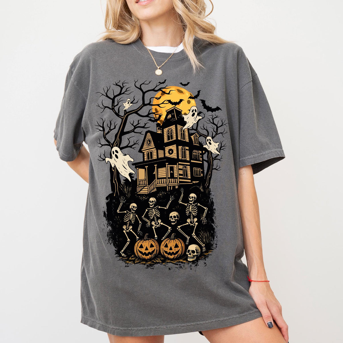 Halloween Skeleton Haunted House Shirt, Halloween Haunted House Shirt, Comfort Colors® Retro Halloween Ghost, Spooky Dancing Skeleton Shirts