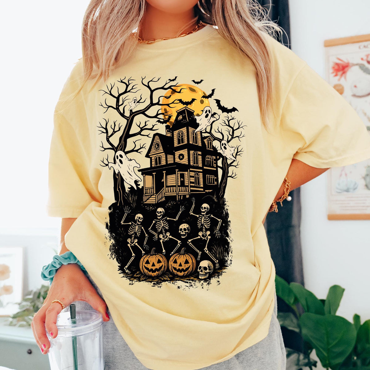 Halloween Skeleton Haunted House Shirt, Halloween Haunted House Shirt, Comfort Colors® Retro Halloween Ghost, Spooky Dancing Skeleton Shirts
