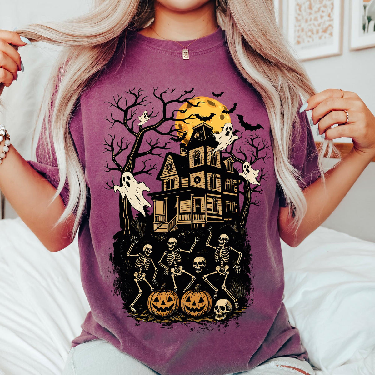 Halloween Skeleton Haunted House Shirt, Halloween Haunted House Shirt, Comfort Colors® Retro Halloween Ghost, Spooky Dancing Skeleton Shirts