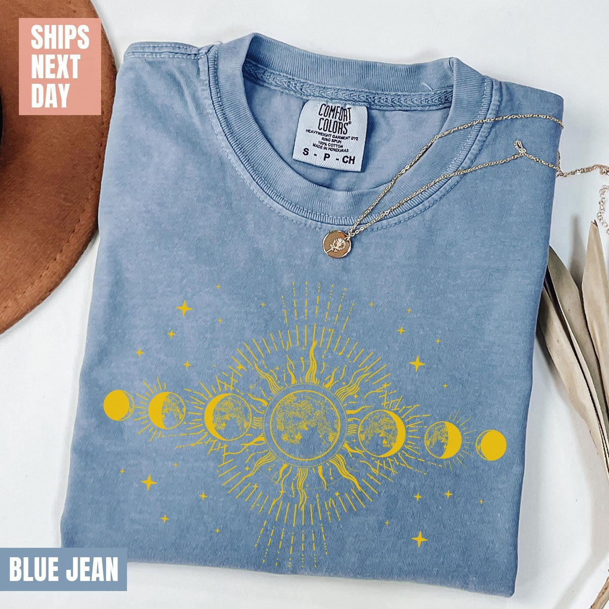 Celestial Comfort Colors® Shirt, Moon Phase T-shirt, Boho Mystical Moon And Sun Tee, Boho Moon Outfit, Spiritual Moon Women Clothing T-shirt