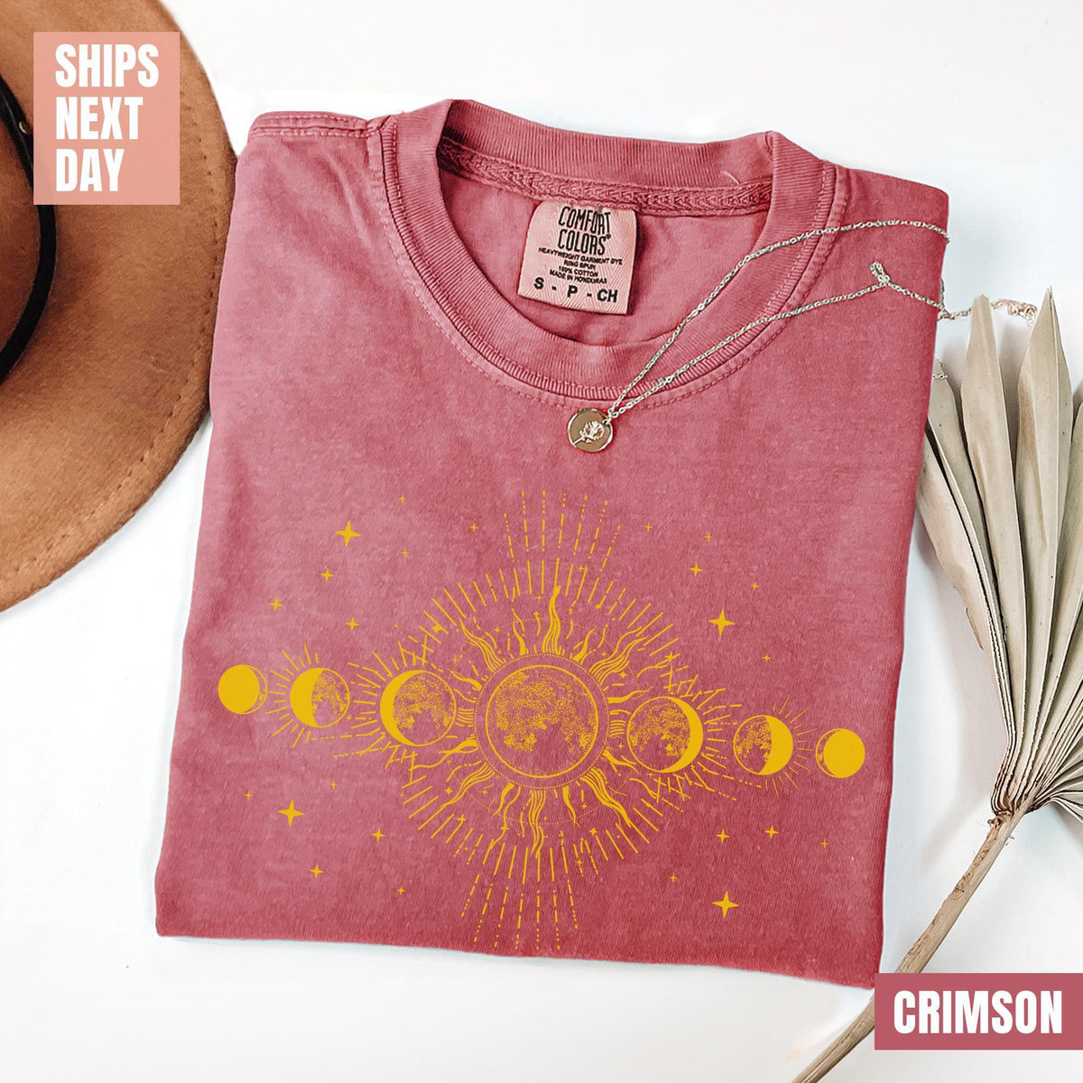 Celestial Comfort Colors® Shirt, Moon Phase T-shirt, Boho Mystical Moon And Sun Tee, Boho Moon Outfit, Spiritual Moon Women Clothing T-shirt