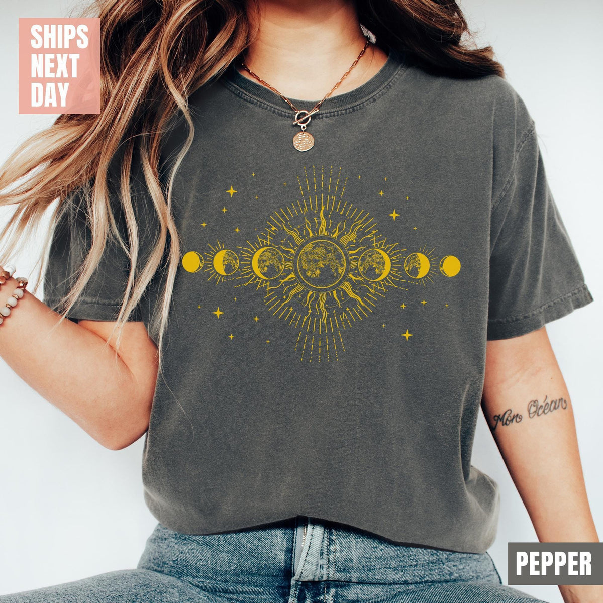 Celestial Comfort Colors® Shirt, Moon Phase T-shirt, Boho Mystical Moon And Sun Tee, Boho Moon Outfit, Spiritual Moon Women Clothing T-shirt