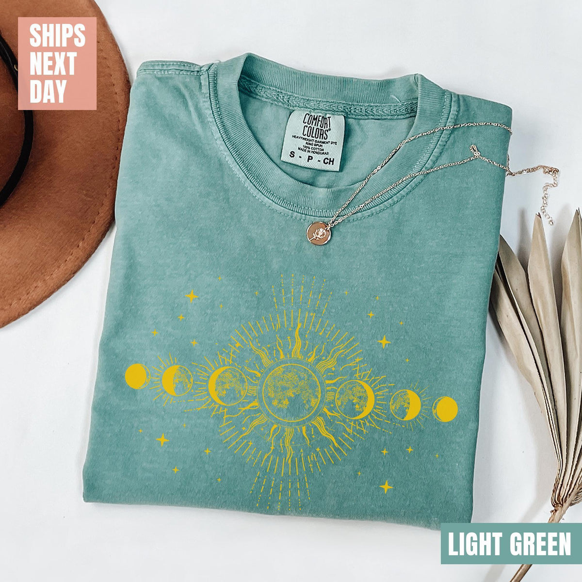Celestial Comfort Colors® Shirt, Moon Phase T-shirt, Boho Mystical Moon And Sun Tee, Boho Moon Outfit, Spiritual Moon Women Clothing T-shirt