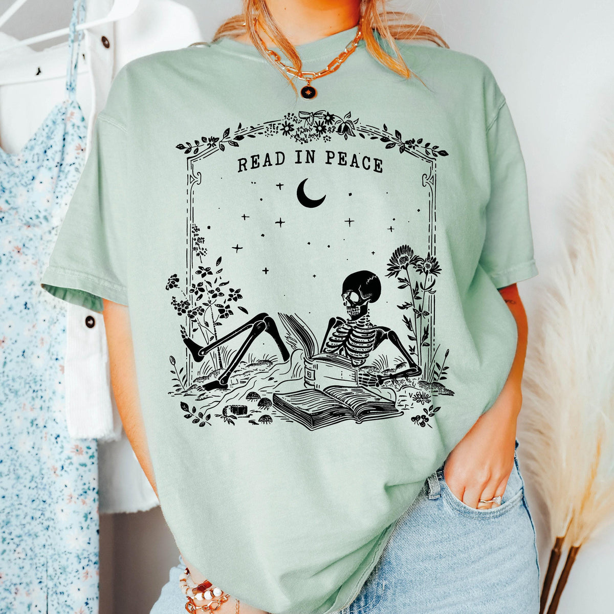 Read in Peace Shirt, Skeleton Halloween Shirt, Book Lover Skeleton Tee, Comfort Colors®, Halloween Gift, Skeleton Reading Shirt, Spooky Gift