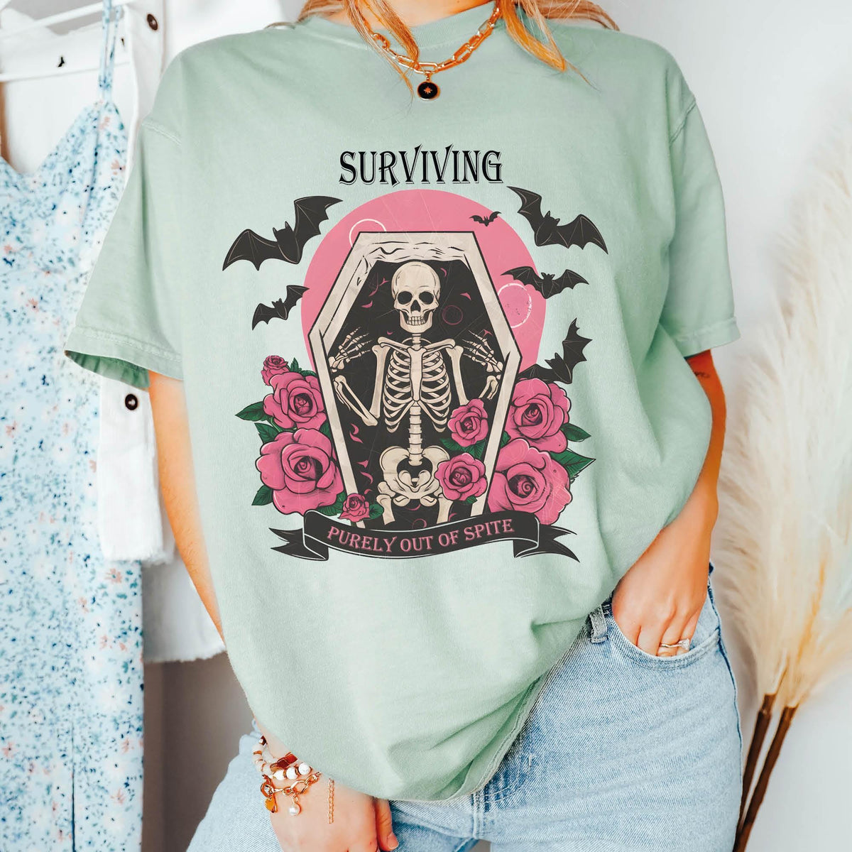 Surviving Purely out of Spite Shirt, Bat Lover Gothic Boho Garment Dyed Shirt, Comfort Colors®, Funny Goth Celestial Skeleton and Bats Shirt