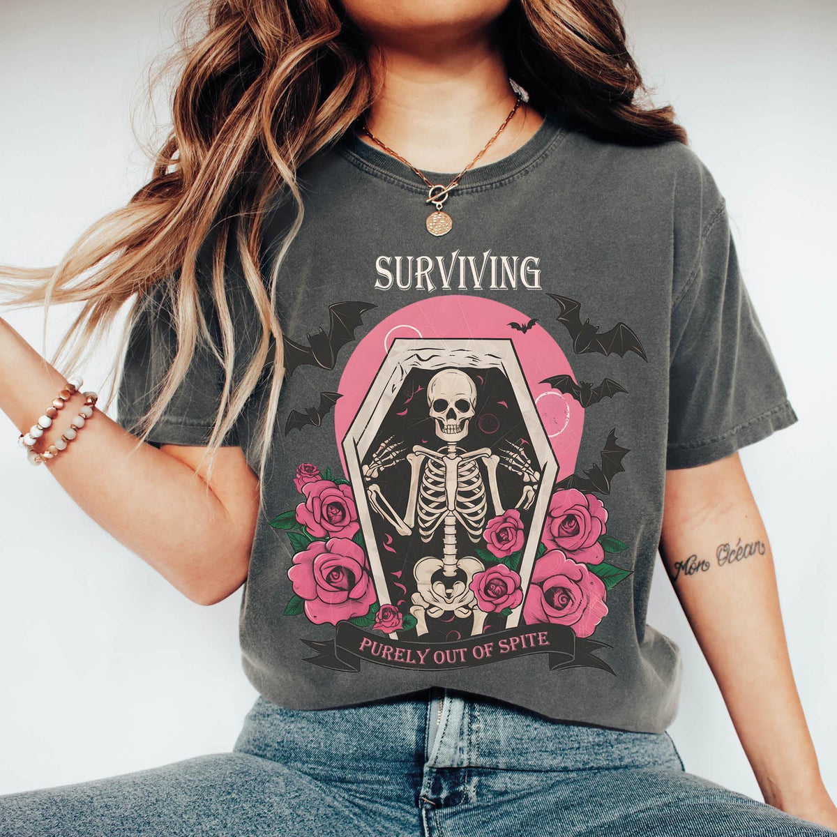 Surviving Purely out of Spite Shirt, Bat Lover Gothic Boho Garment Dyed Shirt, Comfort Colors®, Funny Goth Celestial Skeleton and Bats Shirt