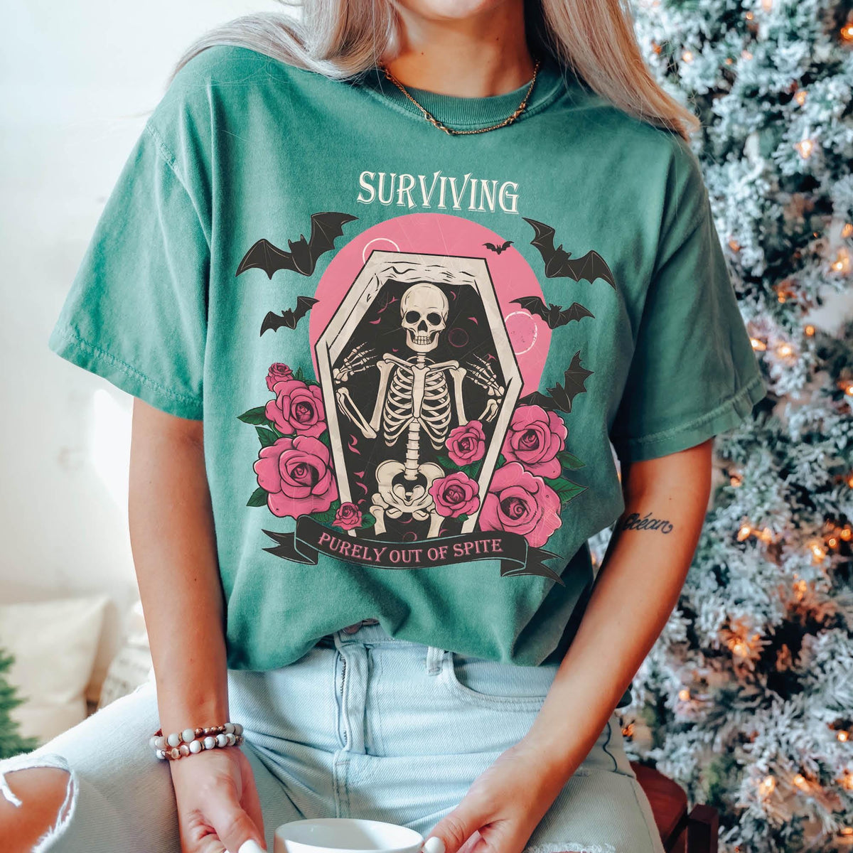 Surviving Purely out of Spite Shirt, Bat Lover Gothic Boho Garment Dyed Shirt, Comfort Colors®, Funny Goth Celestial Skeleton and Bats Shirt