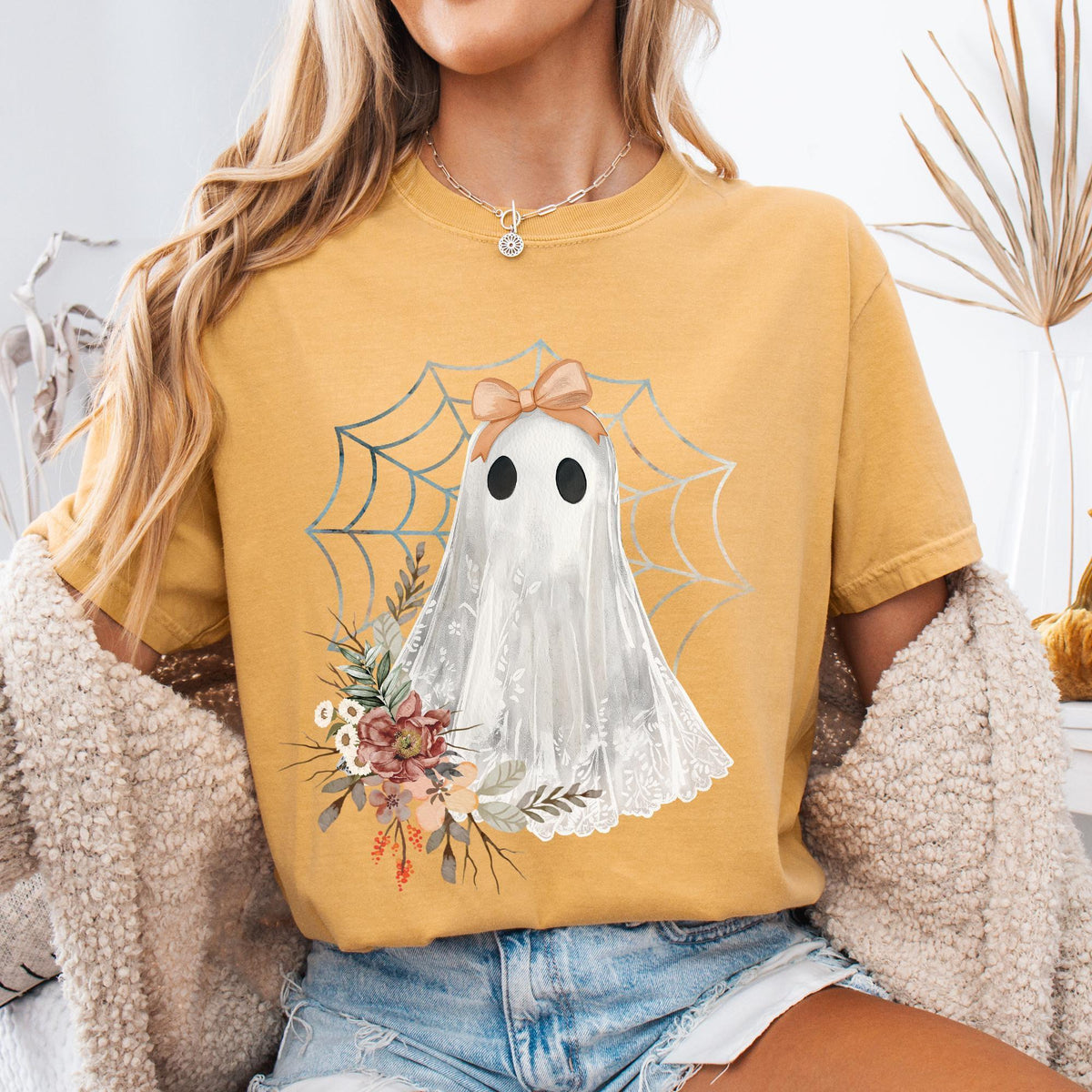 Halloween Lace Ghost T Shirt, Spooky Coquette TShirt, Girly Ghost Orange Bow Tee, Lacey Ghost Tee, Spooky Season Top Outfit, Comfort Colors®