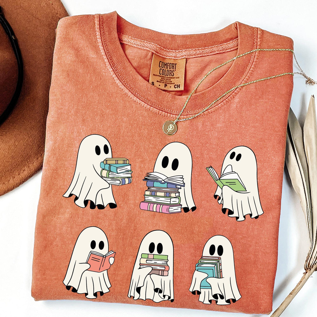 Comfort Colors® Cute Ghost Reading Book Halloween Tshirt, Ghost Girly Halloween Gift, Trendy Halloween Gift, Ghost Reading Book Girly Shirts