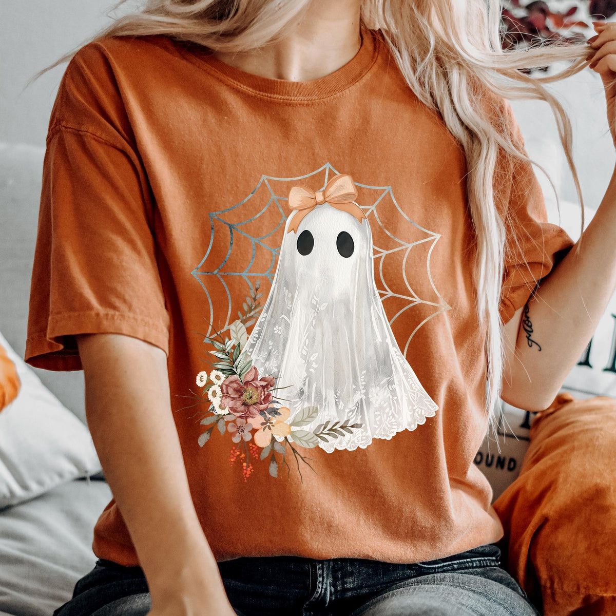 Halloween Lace Ghost T Shirt, Spooky Coquette TShirt, Girly Ghost Orange Bow Tee, Lacey Ghost Tee, Spooky Season Top Outfit, Comfort Colors®