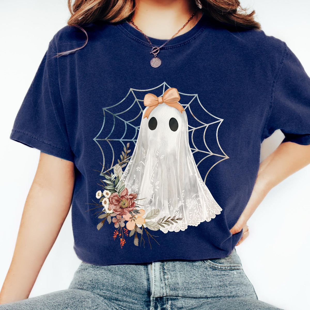 Halloween Lace Ghost T Shirt, Spooky Coquette TShirt, Girly Ghost Orange Bow Tee, Lacey Ghost Tee, Spooky Season Top Outfit, Comfort Colors®