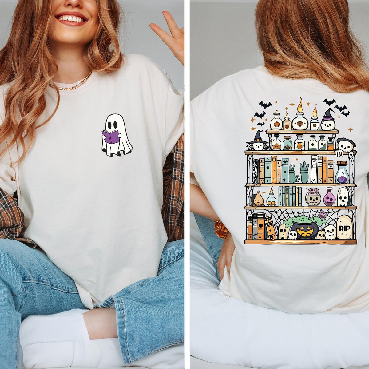 Comfort Colors® Ghost Book Reader Shirt, Halloween Library Shirt, Halloween Reading Tee, Book Lover, Reading Girl Shirts, Skeleton Book Club