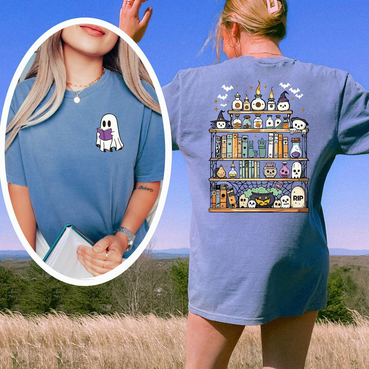 Comfort Colors® Ghost Book Reader Shirt, Halloween Library Shirt, Halloween Reading Tee, Book Lover, Reading Girl Shirts, Skeleton Book Club