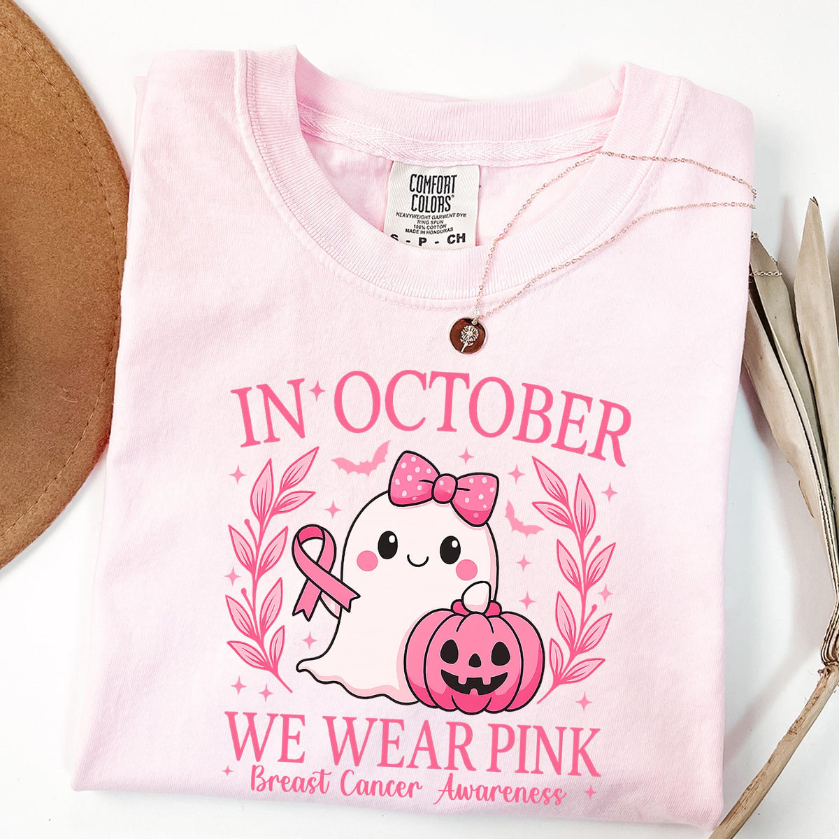 Comfort Colors®In October We Wear Pink Ghost Sweatshirt, Halloween Ghost T-shirt, Cancer Pink Ribbon Shirt gift, Breast Cancer Awareness Tee