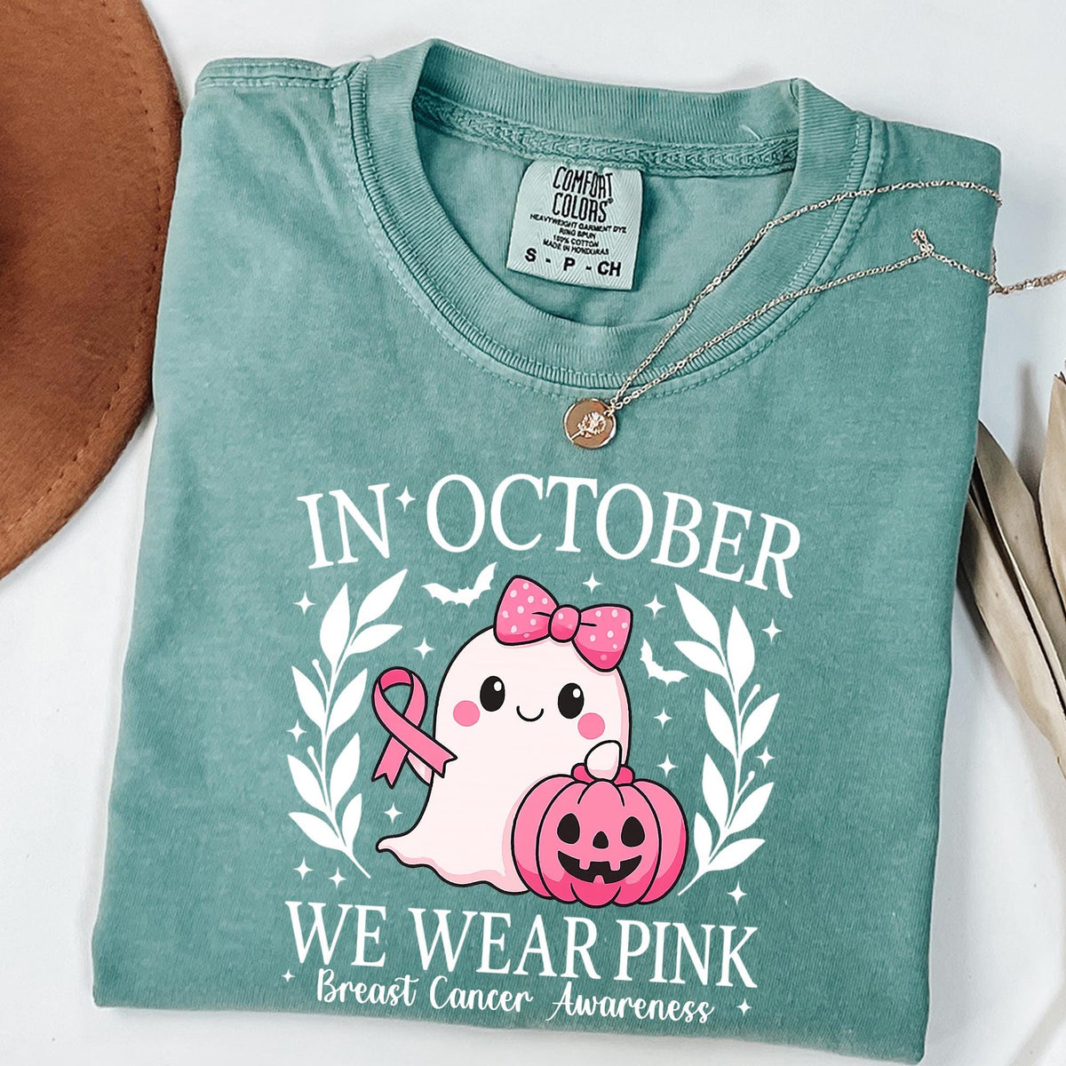 Comfort Colors®In October We Wear Pink Ghost Sweatshirt, Halloween Ghost T-shirt, Cancer Pink Ribbon Shirt gift, Breast Cancer Awareness Tee
