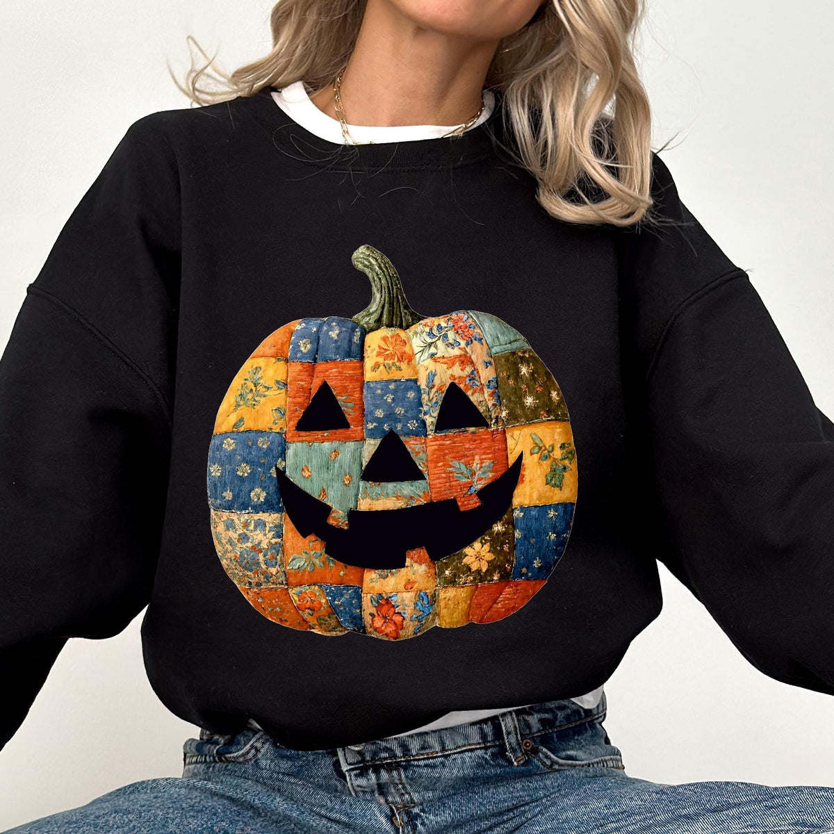 Retro Patchwork Halloween Pumpkin Sweatshirt, Halloween Pumpkin Shirt, Spooky Season Sweatshirt, Halloween Gift, Halloween Cute Women Outfit